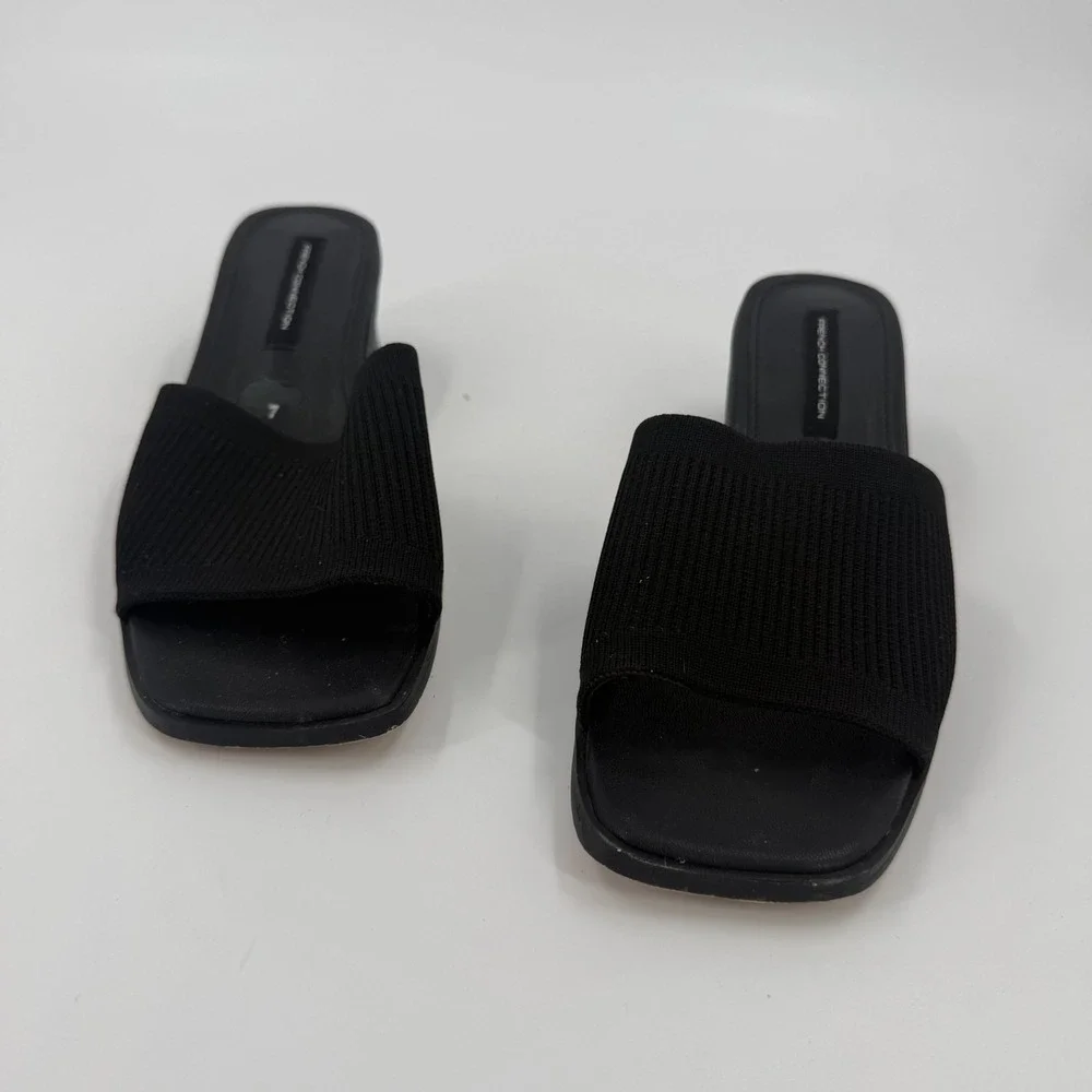 French Connection Slide Sandals Womens US 9 Black Upper Knit Open Toe Block Heel